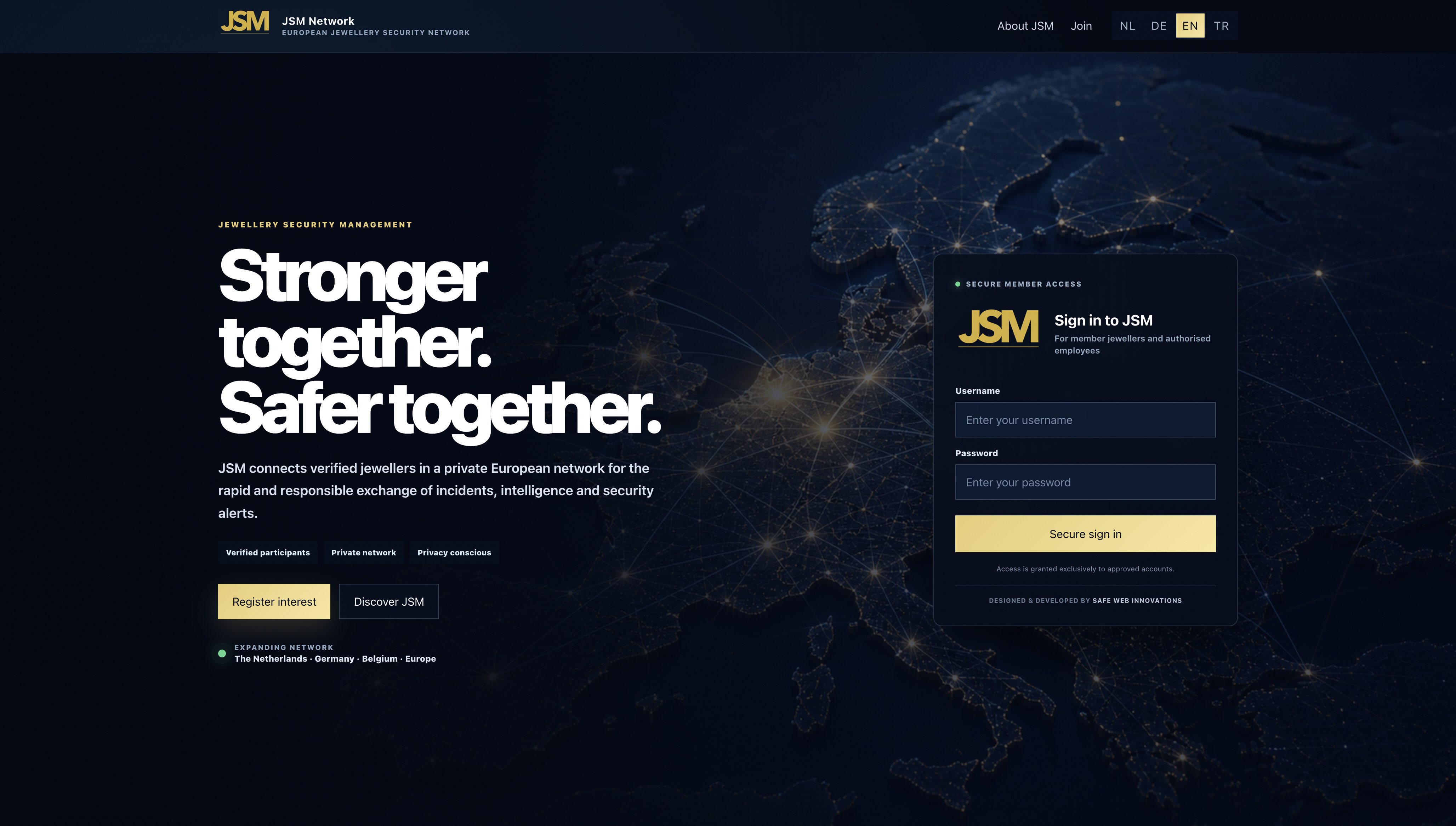 Dashboard van het beveiligingsplatform JSM Network